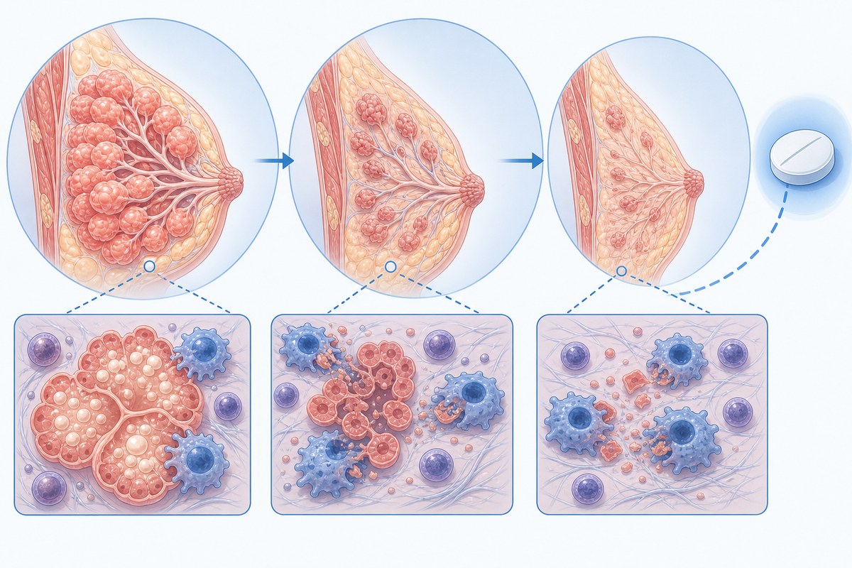 Conceptual diagram of breast tissue remodeling after weaning with immune-cell clearance.
