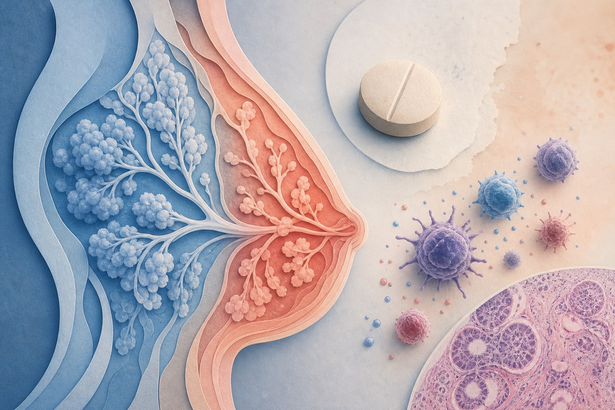 Conceptual illustration of post-weaning breast tissue, a medicine tablet and immune cells.