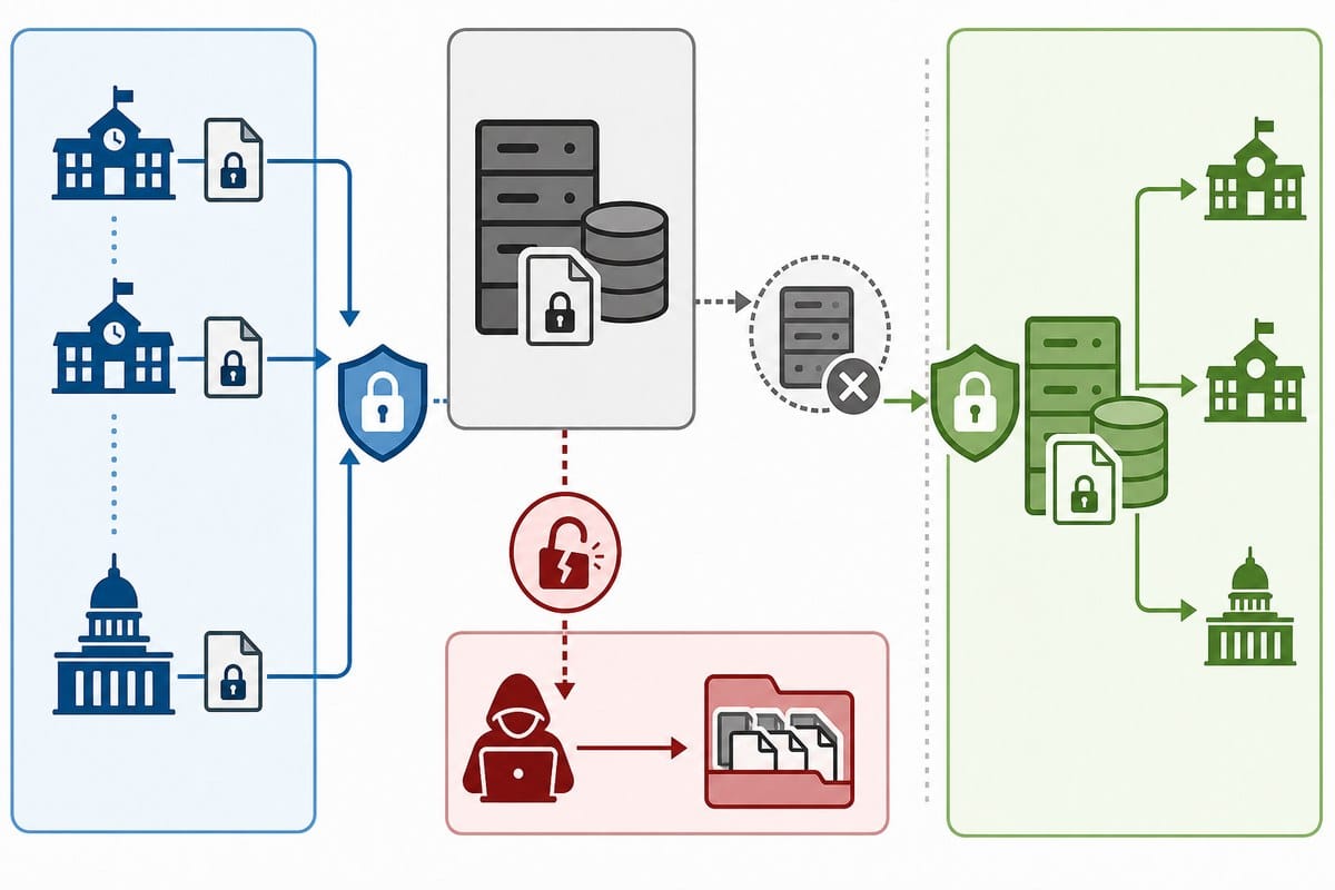 Diagram showing a compromised credential used to access files on a school data transfer server.