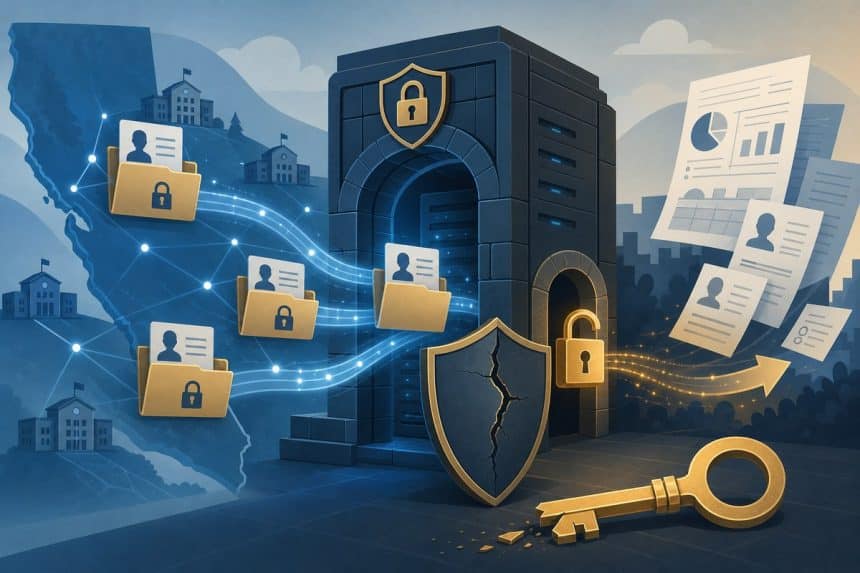 Illustration of school records moving through a server gateway opened by a compromised key.