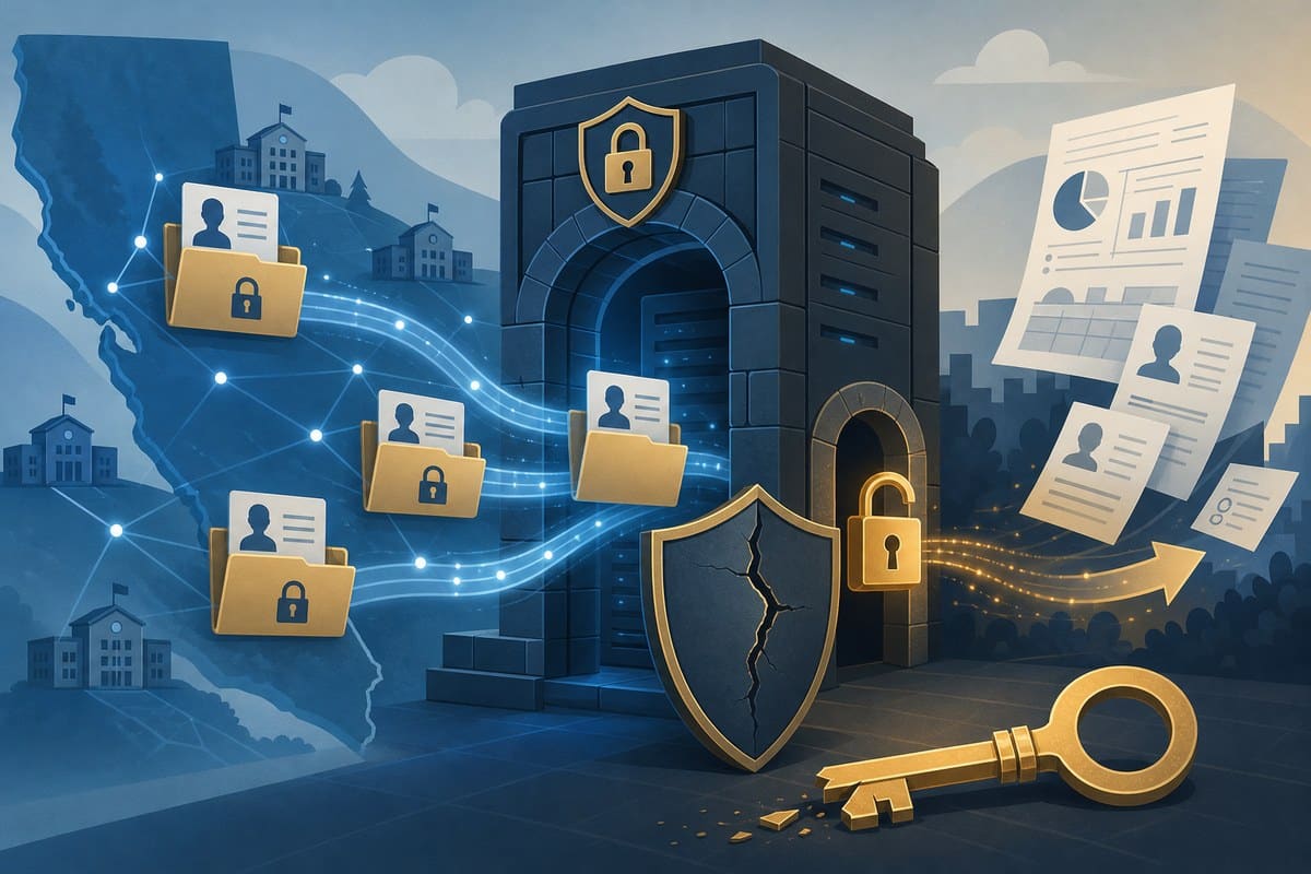 Illustration of school records moving through a server gateway opened by a compromised key.