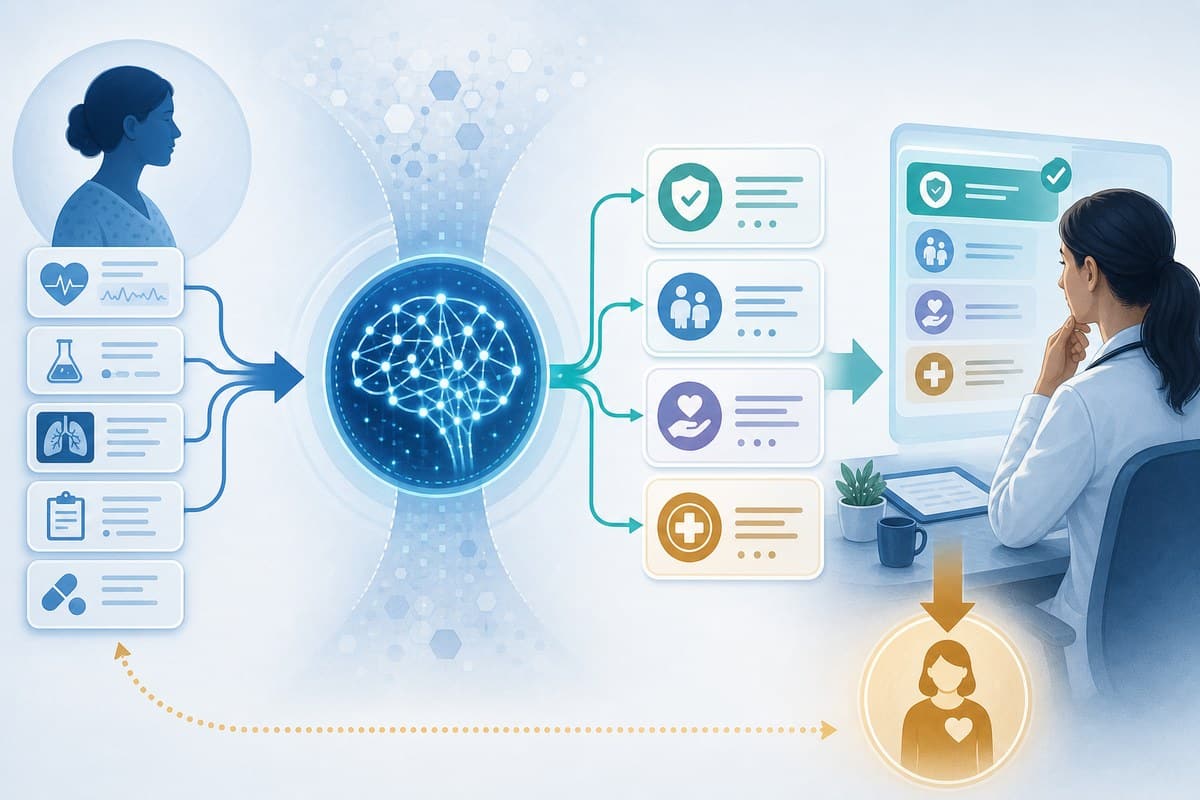 Conceptual flow showing AI recommendations reviewed by a clinician before a care decision.