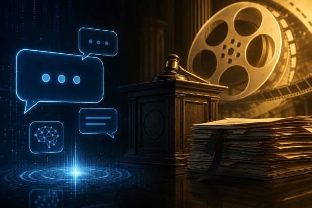 Abstract AI chat interface beside a courthouse auction podium and legal documents