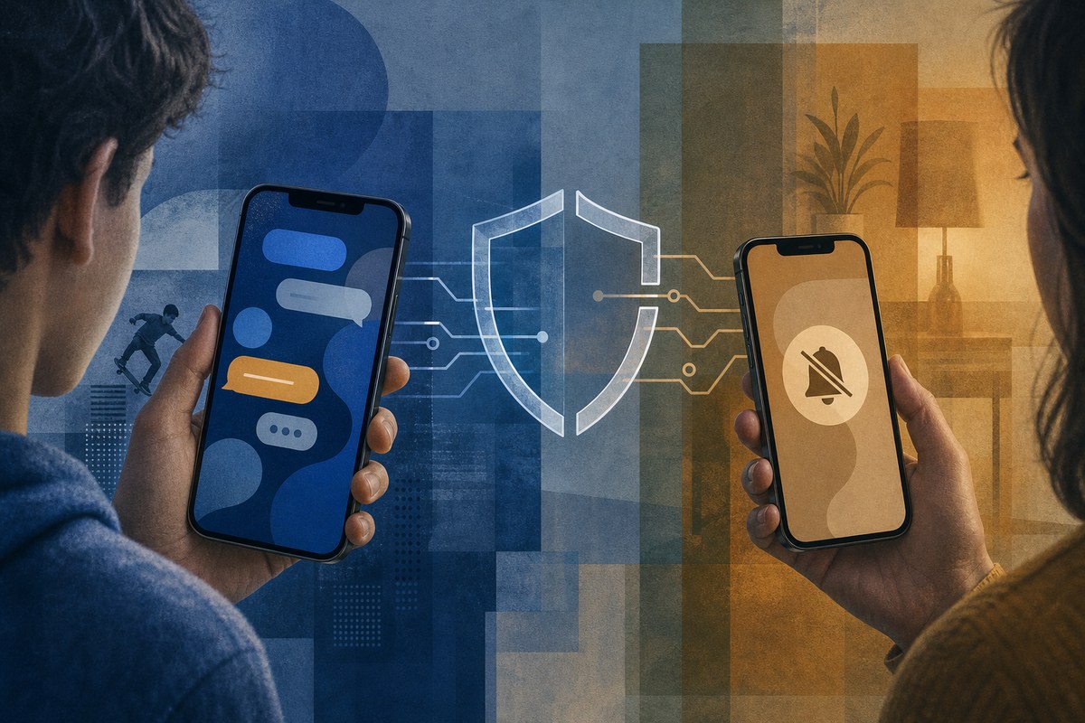 Abstract teen and parent phones connected to an incomplete digital safety shield.