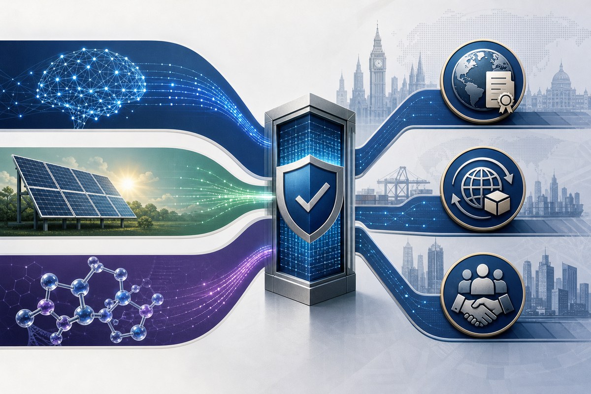 Conceptual illustration of AI, solar and biomedical technologies moving through a cross-border compliance gateway.