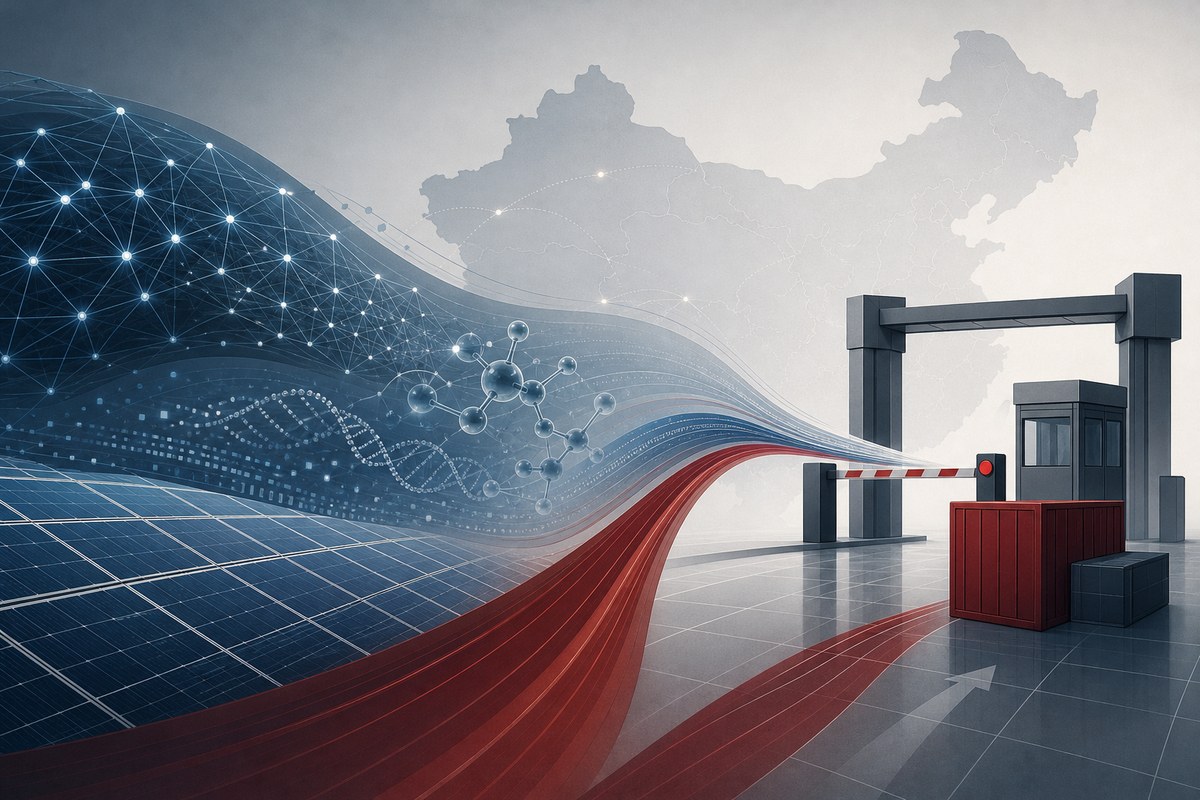 Abstract technology network, solar panels and molecular forms passing through a digital registration checkpoint.