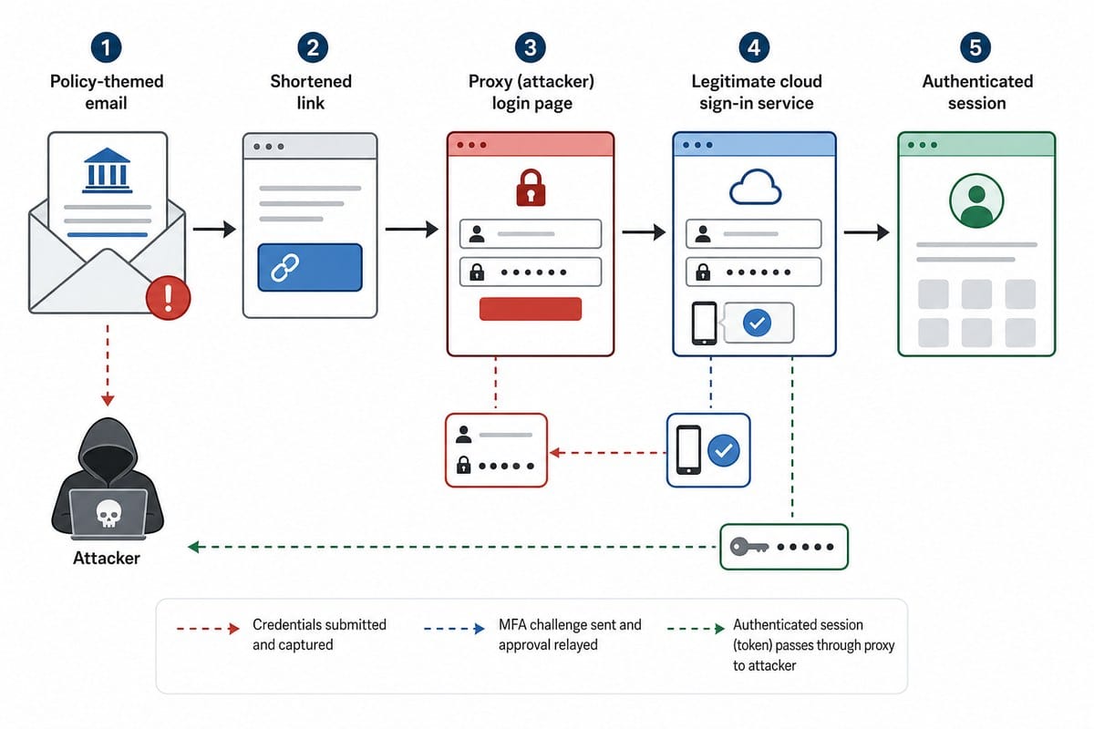 Diagram showing a phishing proxy relaying a cloud login and capturing an authenticated session token