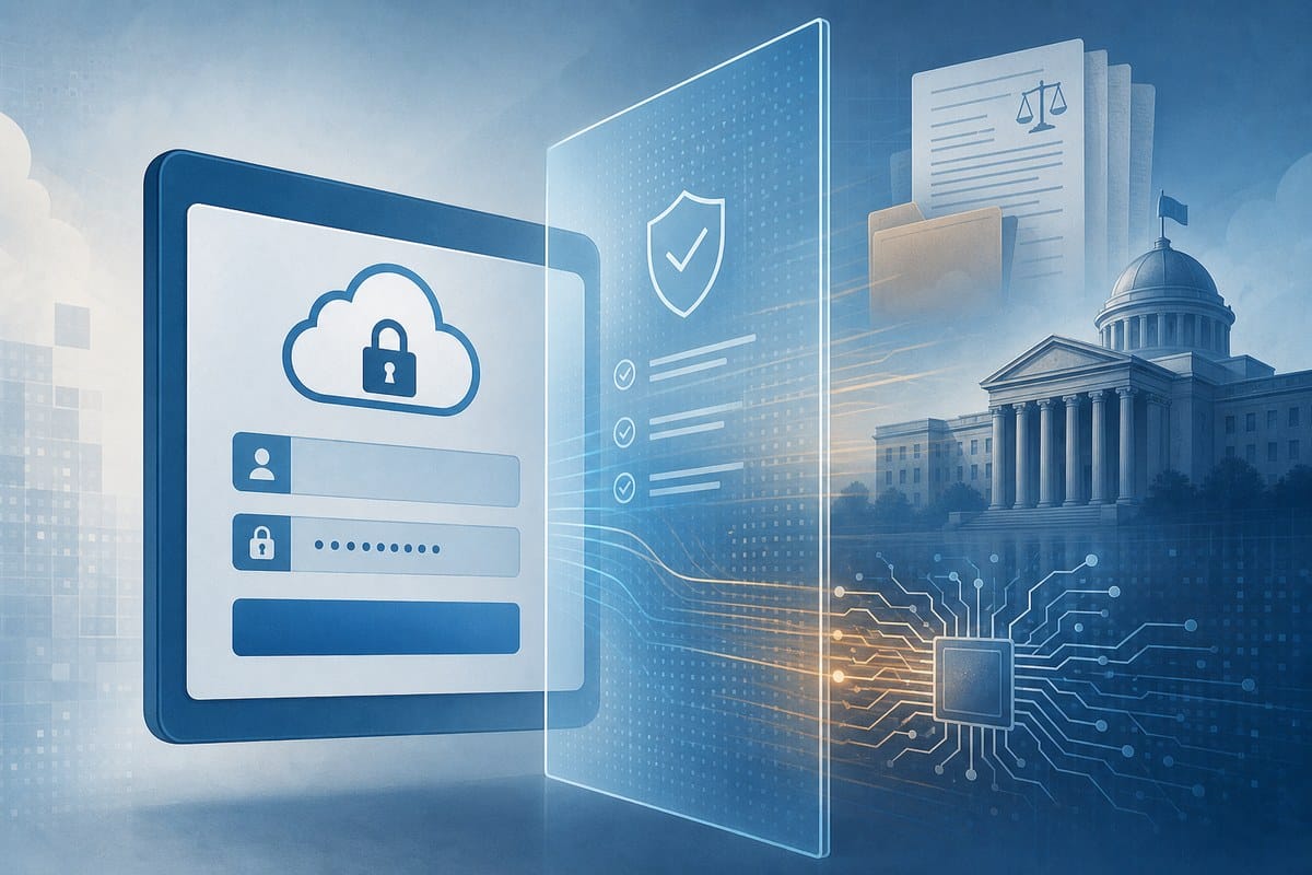 Conceptual cloud login screen intercepted between AI policy documents and abstract circuitry