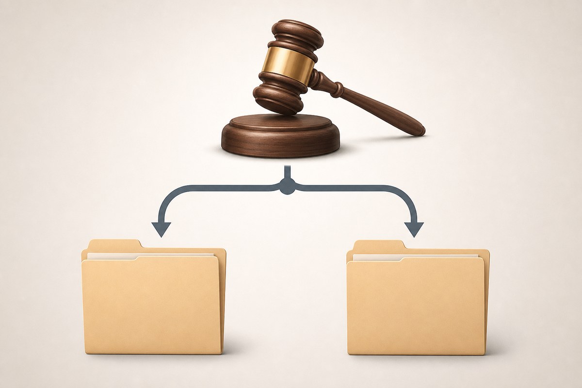 Illustration of a court order branching toward a reduced award or damages retrial.