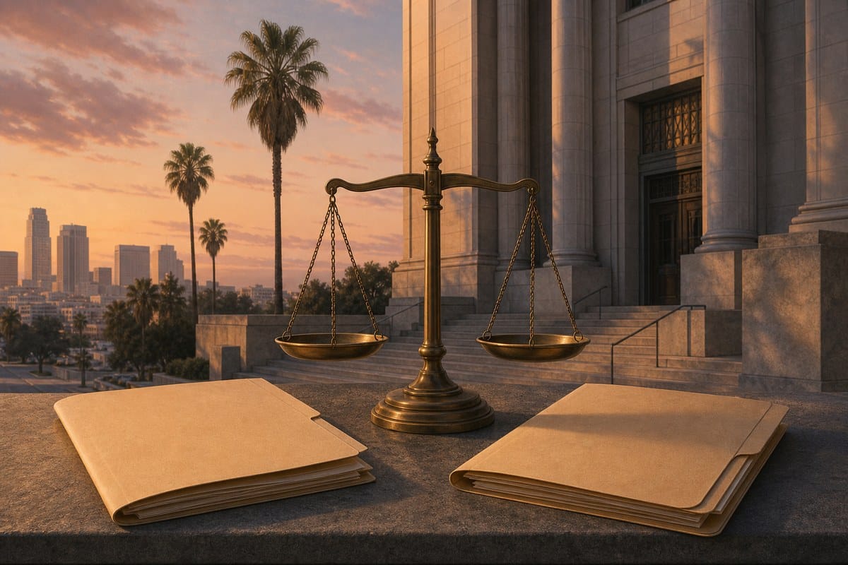 Editorial illustration of courthouse scales and two legal folders in Los Angeles.