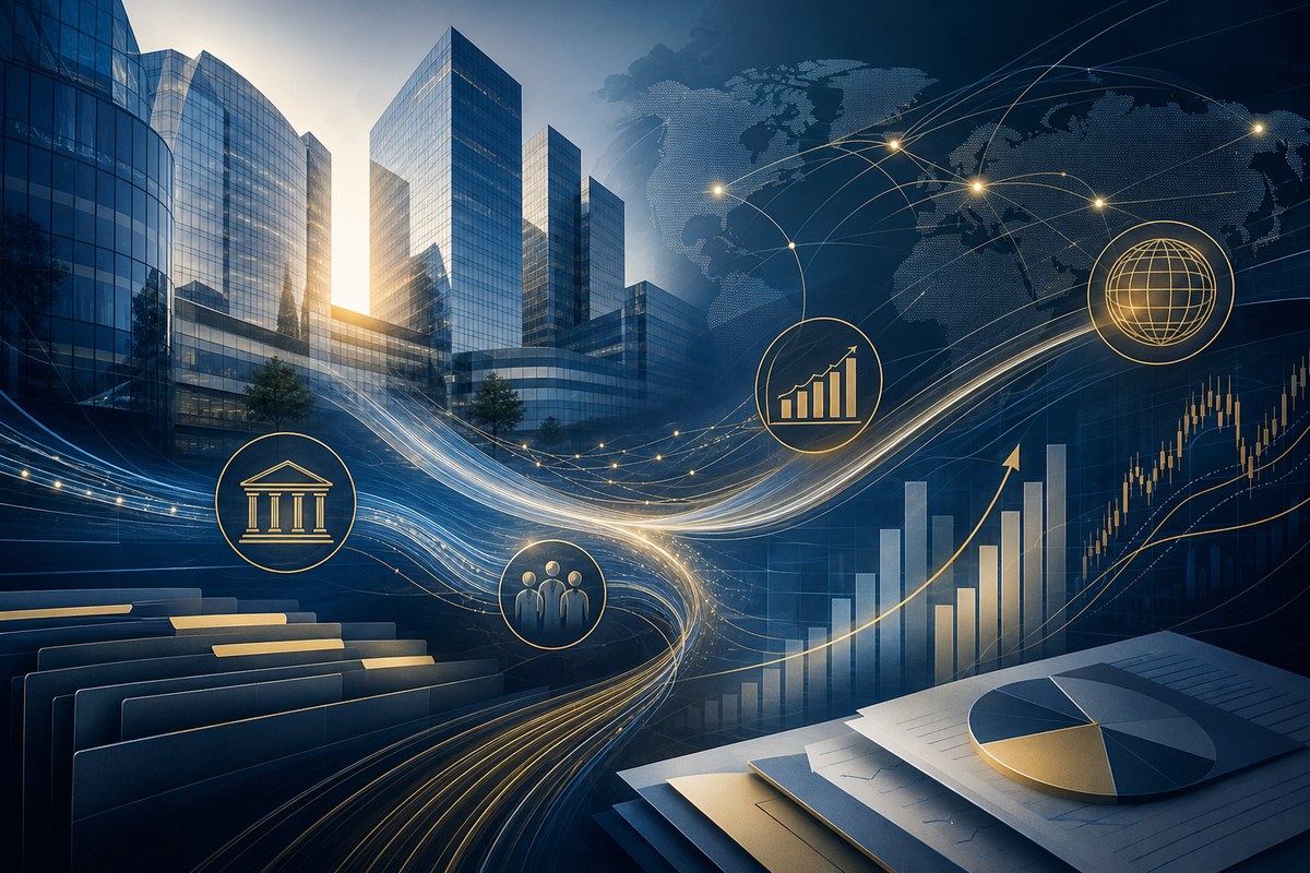 Abstract financial network connecting banking, wealth and market activity around city towers