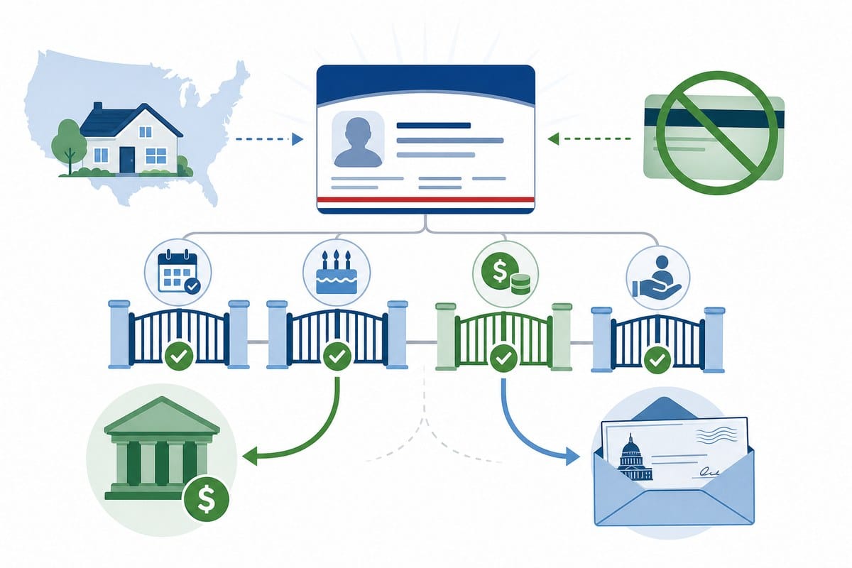 Conceptual diagram showing eligibility screening and direct-deposit or mailed-check delivery.