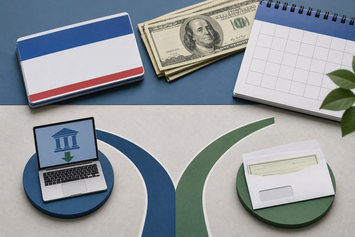 Illustration of a benefit card, dollar bills, an October calendar and payment delivery paths.