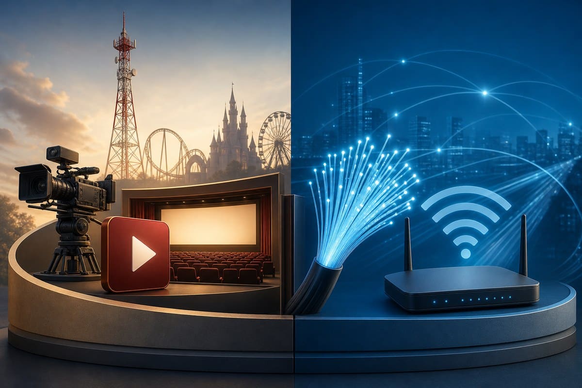 Conceptual split between entertainment assets and broadband connectivity operations.