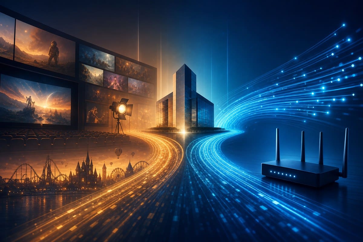 Abstract media, streaming, theme-park and fiber-network elements separating into two pathways.