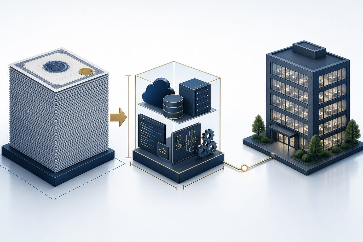 Conceptual illustration of share consideration for technology assets while a separate operating business remains licensed.