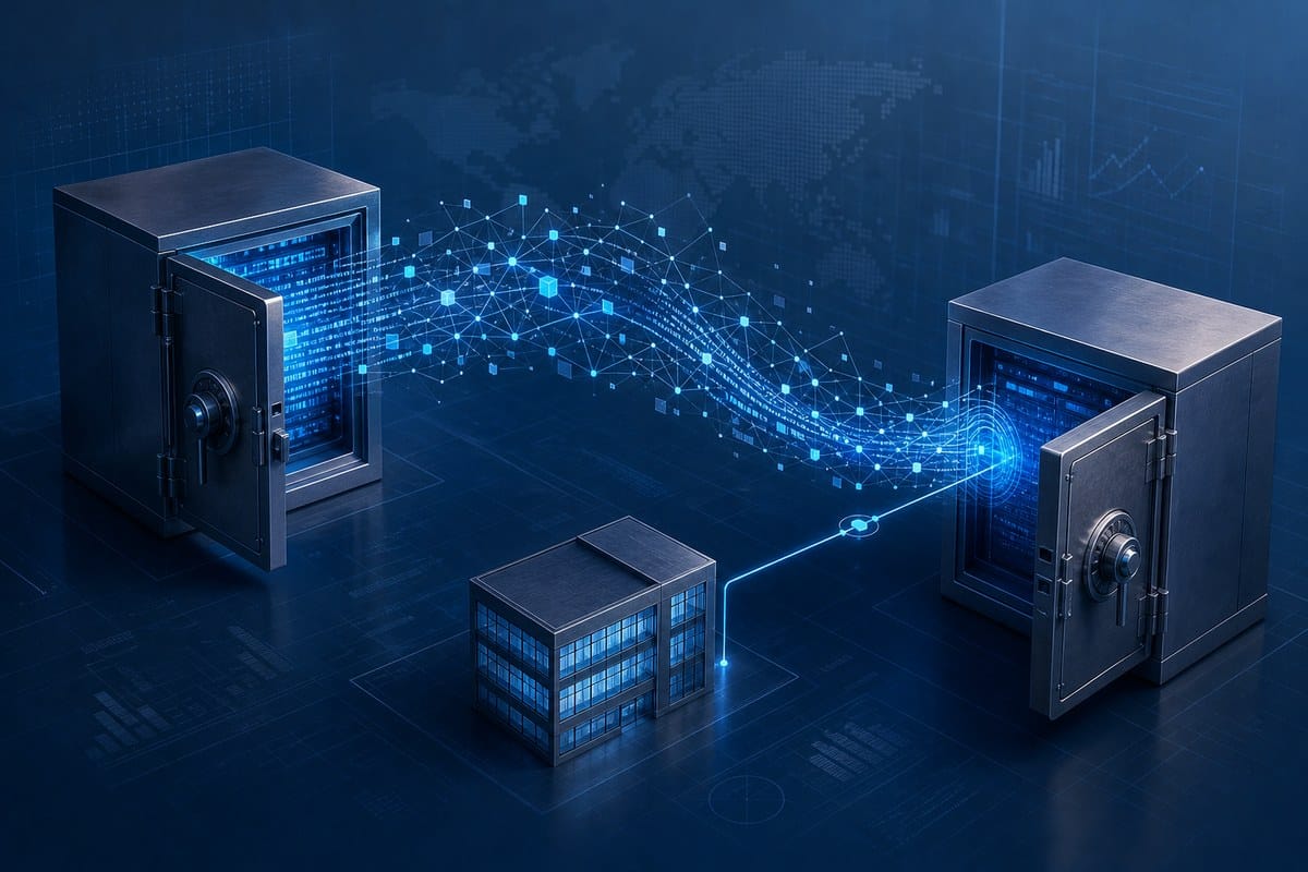 Abstract digital security assets moving between two connected enterprise systems.