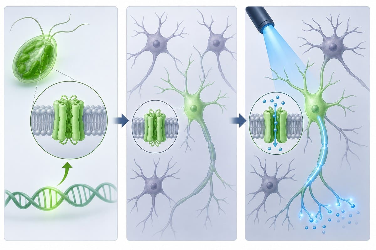 Conceptual sequence showing a light-sensitive protein expressed in a neuron and activated by blue light.