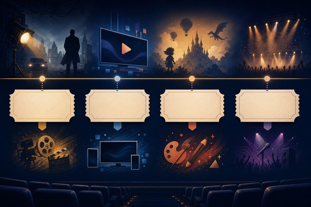 A conceptual four-year entertainment release timeline with abstract film and streaming symbols.