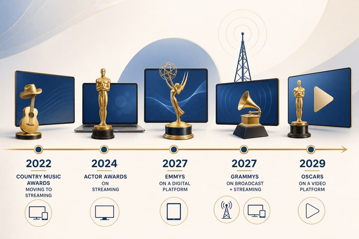 A conceptual timeline showing awards ceremonies shifting among broadcast and streaming platforms from 2022 to 2029.