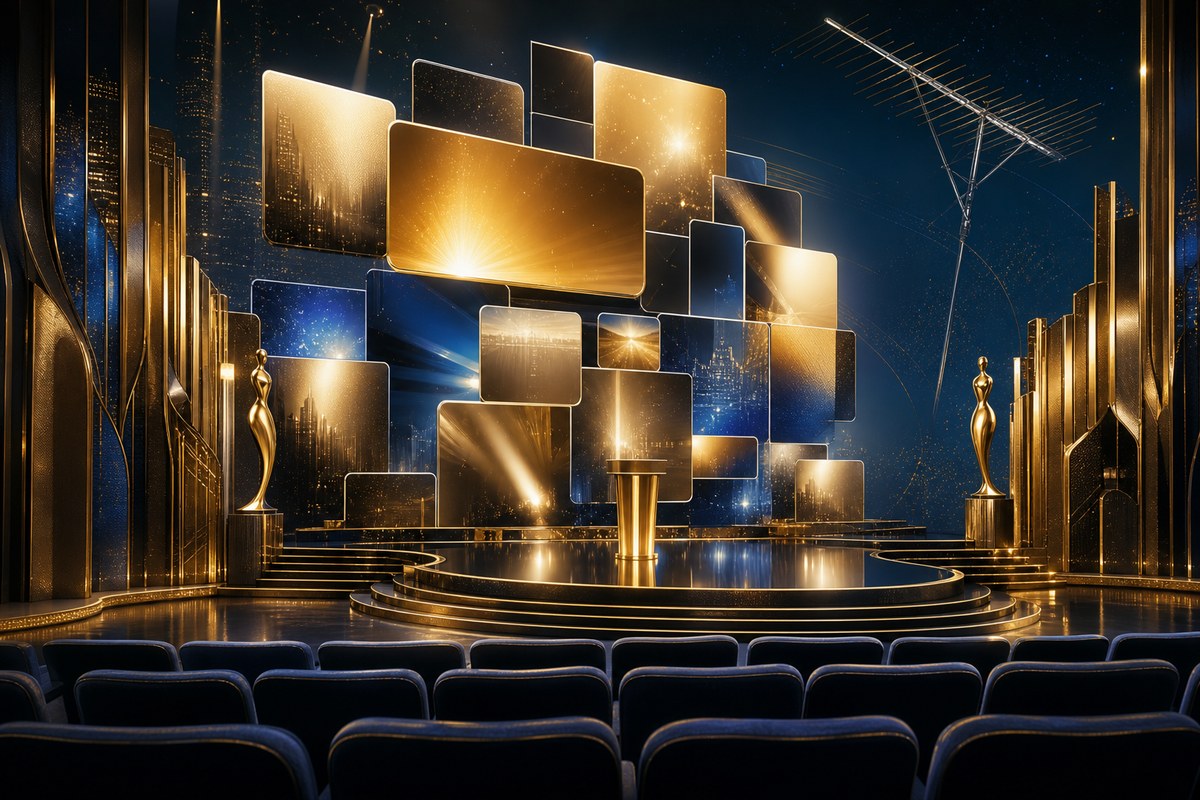 An abstract awards-show stage beneath glowing digital screens as a television antenna recedes behind it.