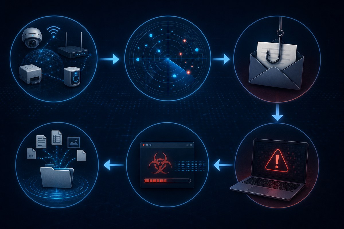 A conceptual sequence from device scanning through phishing, malware delivery and data collection.