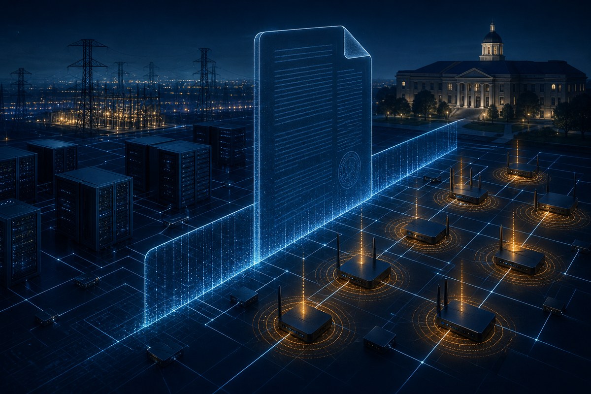 A conceptual network diagram with suspicious server connections being isolated from routers and critical infrastructure.