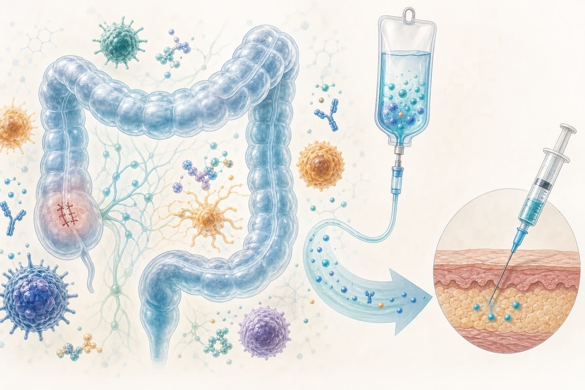 Conceptual illustration of postoperative colon cancer treatment with immune cells and chemotherapy.