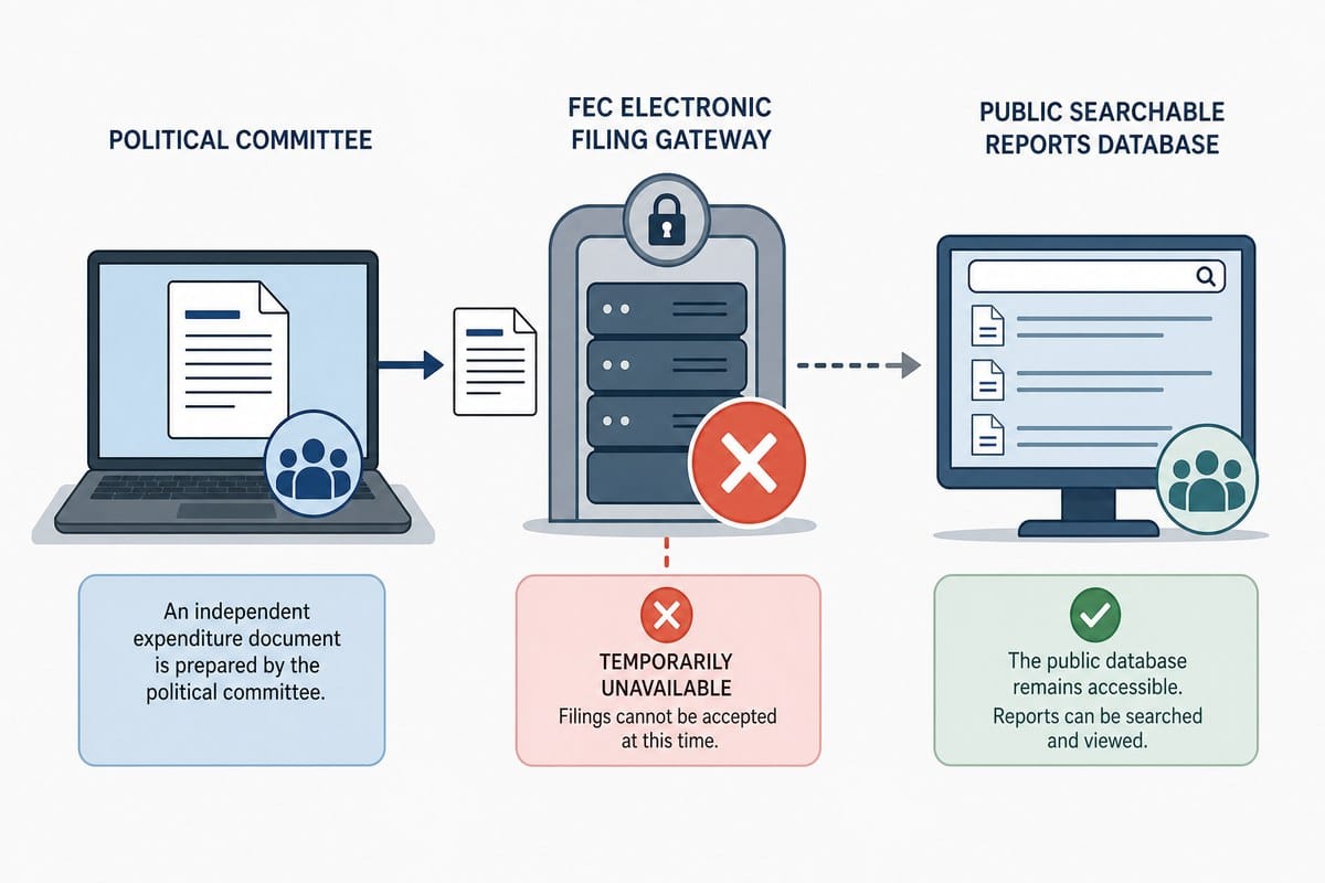 Diagram showing a filing gateway offline while the public campaign-finance report database remains available.