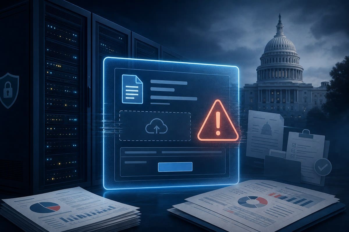 Conceptual government filing portal interrupted beside campaign-finance documents and server hardware.