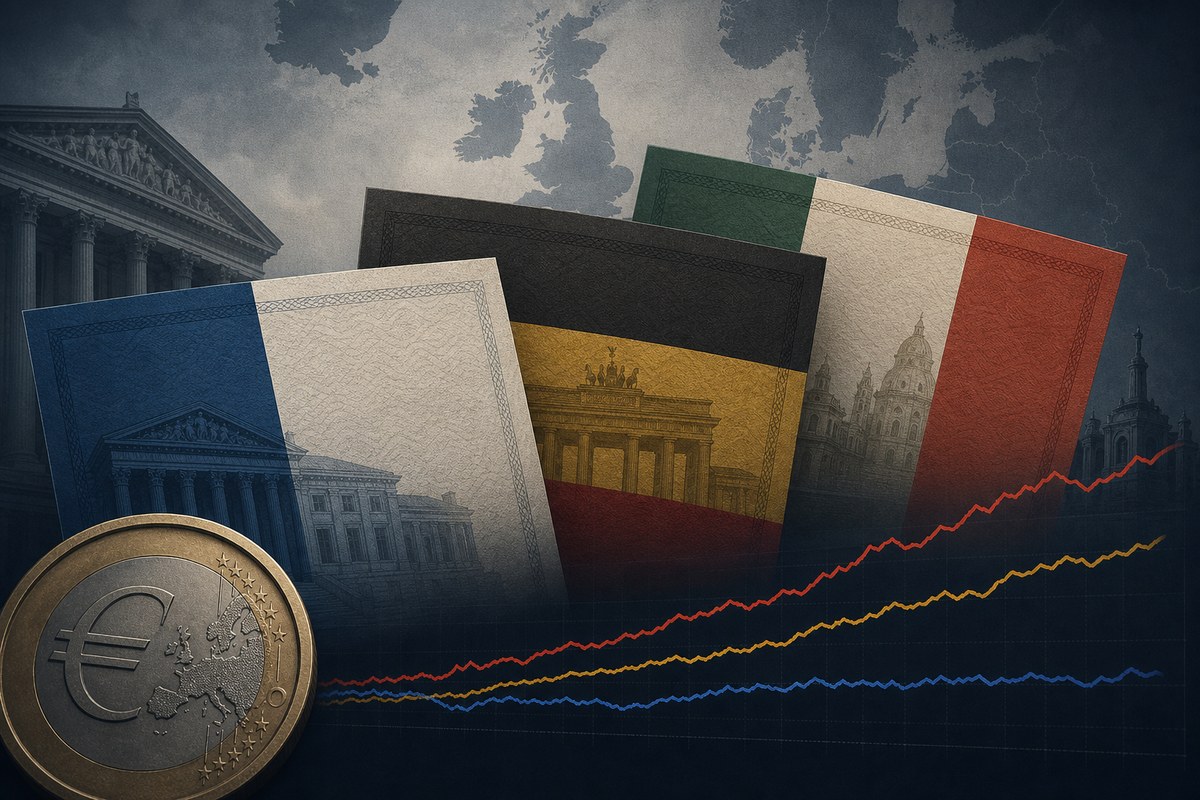 Conceptual European bond-market illustration with diverging yield lines and a euro coin.