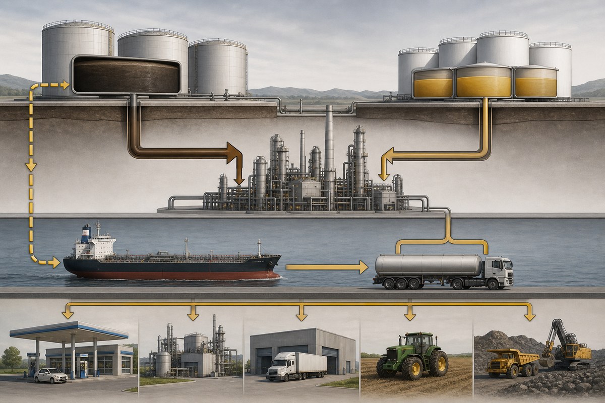 Conceptual diagram of crude and diesel reserves moving through a refinery to ships and trucks.