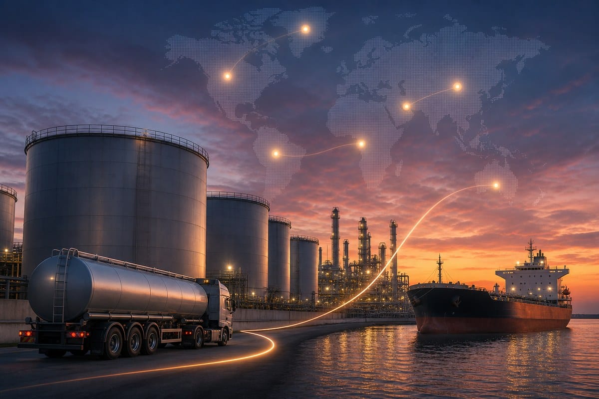 Strategic fuel tanks, a refinery, tanker truck and cargo ship linked by flowing routes.