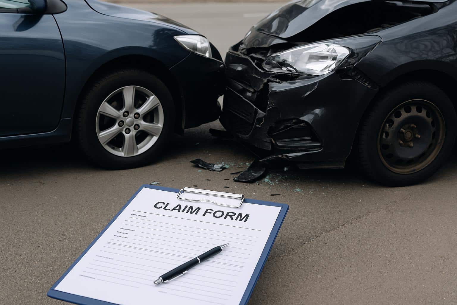 Damaged car on road after collision, representing car accident insurance claim process