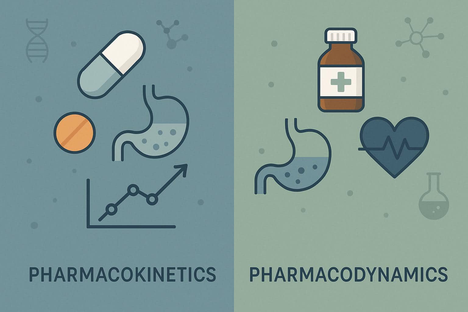 Pharmacokinetics and pharmacodynamics comparison illustrated with drug metabolism and effect pathways