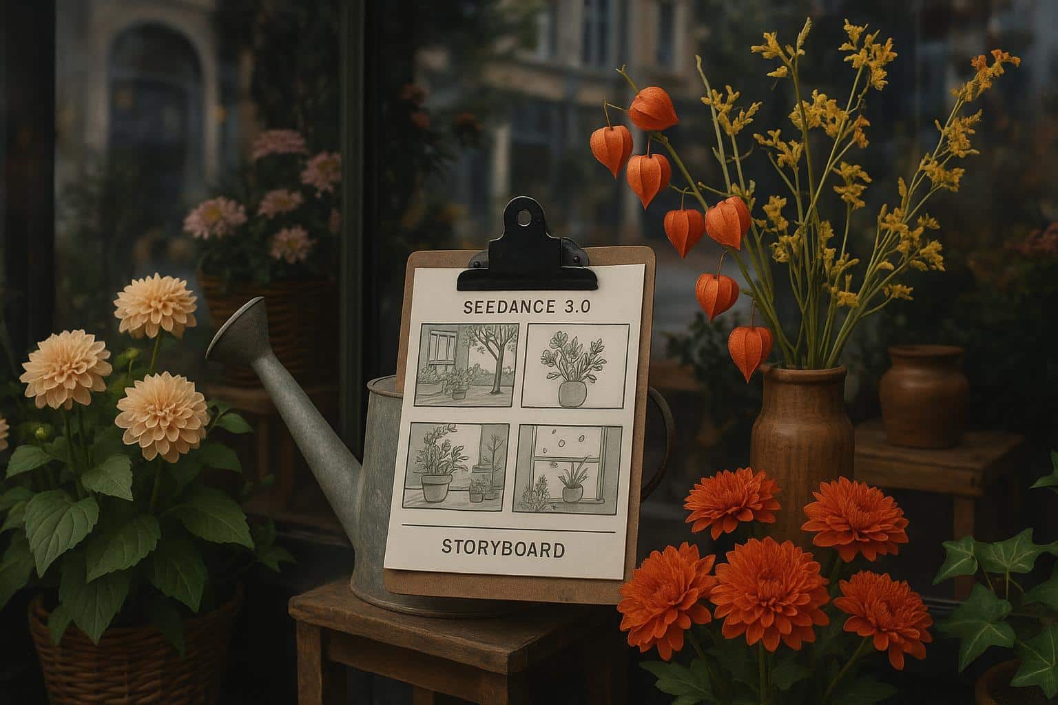 Florist shop window display featuring colorful seasonal flowers and Seedance 3.0 film equipment