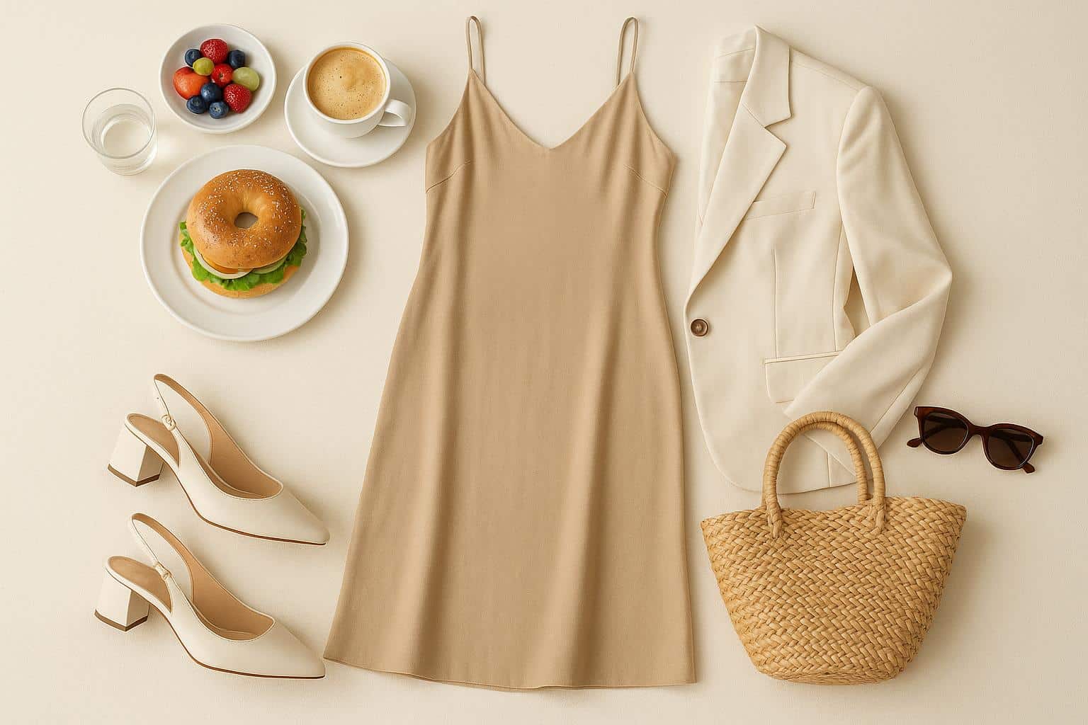 Chic spring outfit with sunglasses, hat, and floral dress ideal for Sunday brunch in the city