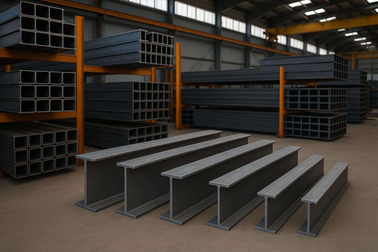 Steel beams stacked in warehouse, showcasing quality materials from reliable steel beam supplier