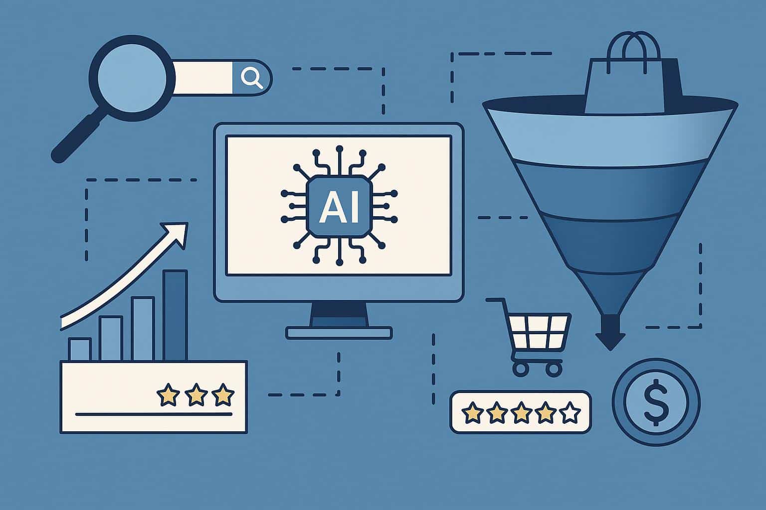AI analytics dashboard visualizing ecommerce funnel performance and customer touchpoints