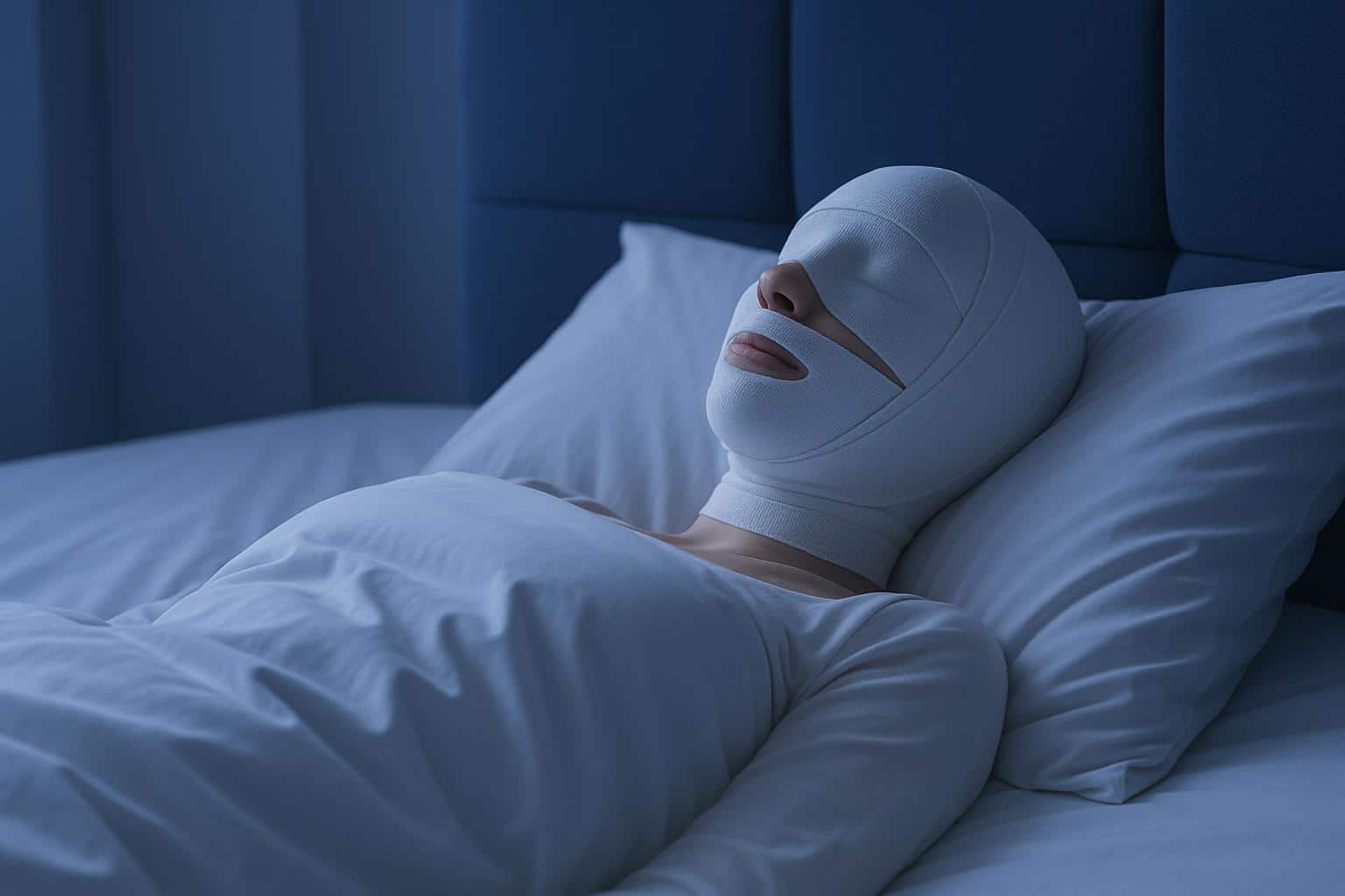 Woman resting on her back with supportive pillows after cosmetic surgery, promoting safe recovery