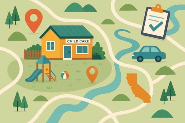 Tri-Valley child care centers map with highlighted commute routes and licensing zones
