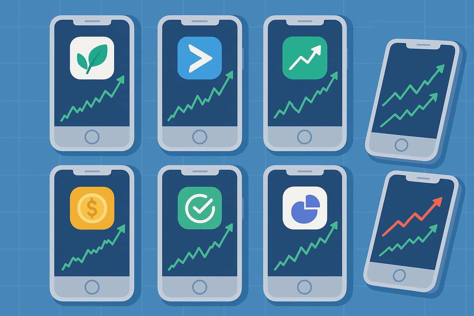 Smartphone displaying beginner investment app icons with charts, suitable for first-time investors