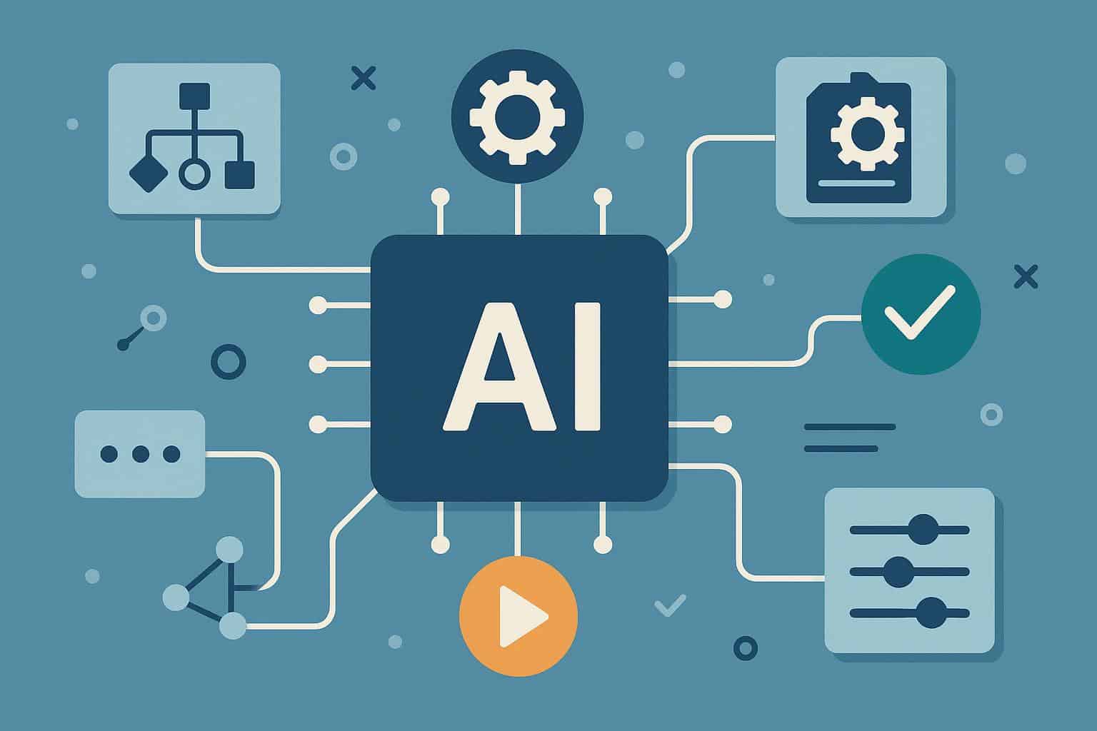 AI workflow automation platforms with digital interface and interconnected process icons