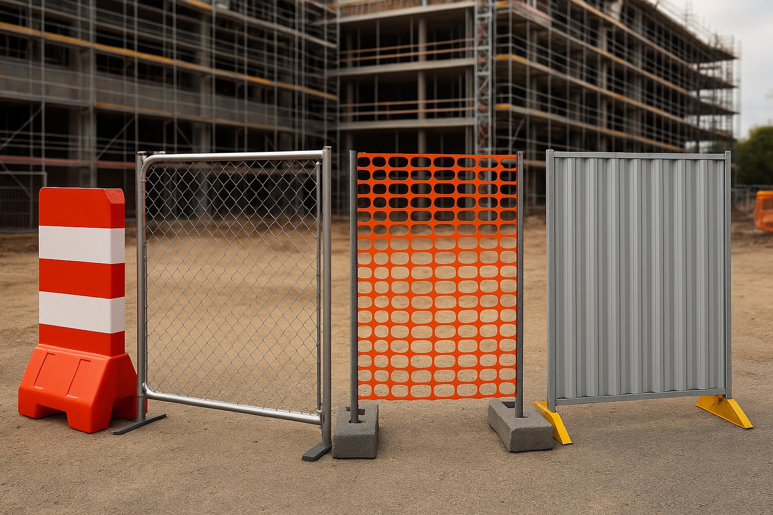 Various modern temporary construction barriers arranged by type for site safety comparison