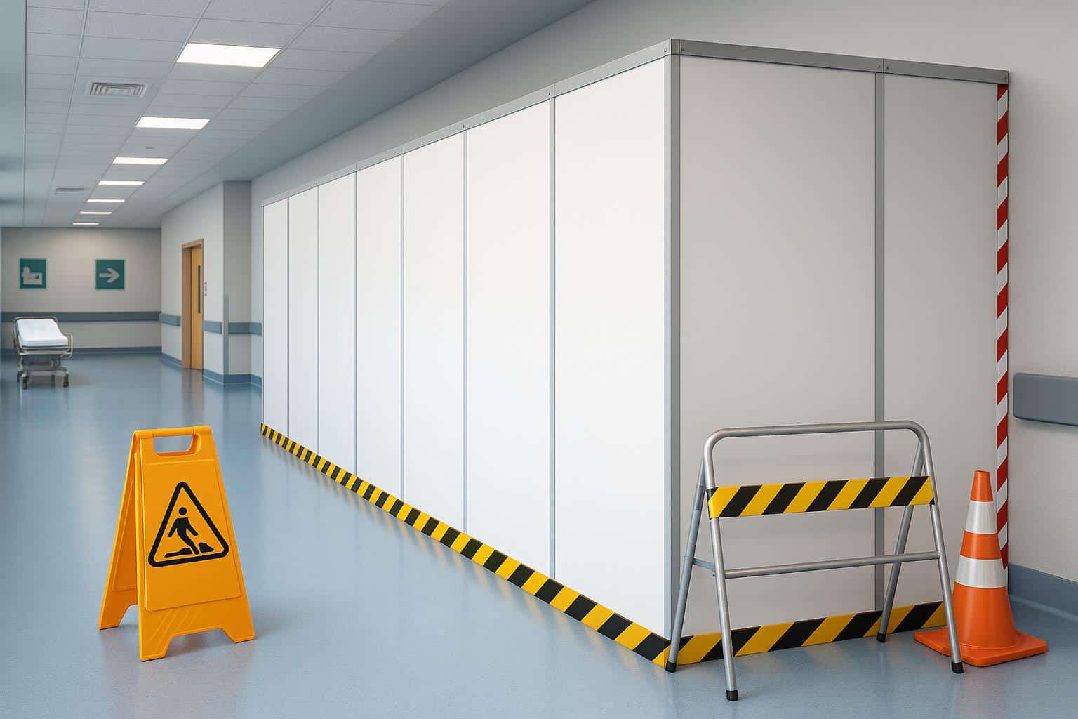 Modular temporary construction walls installed inside a modern hospital corridor for renovation