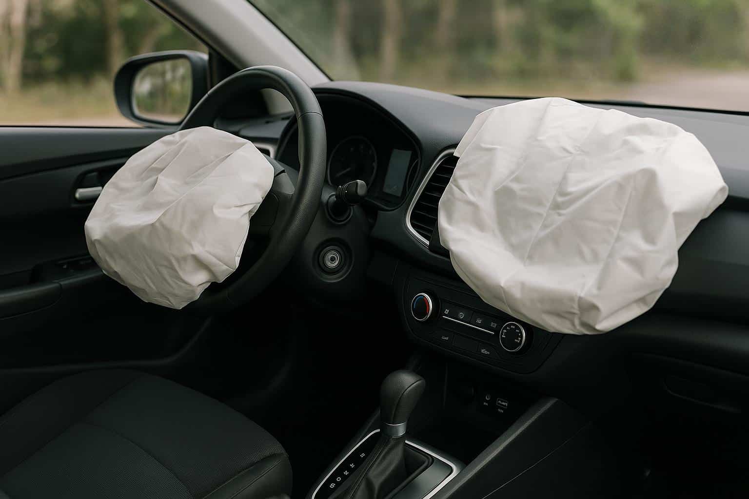 Close-up of car steering wheel with deployed airbag highlighting vehicle safety features