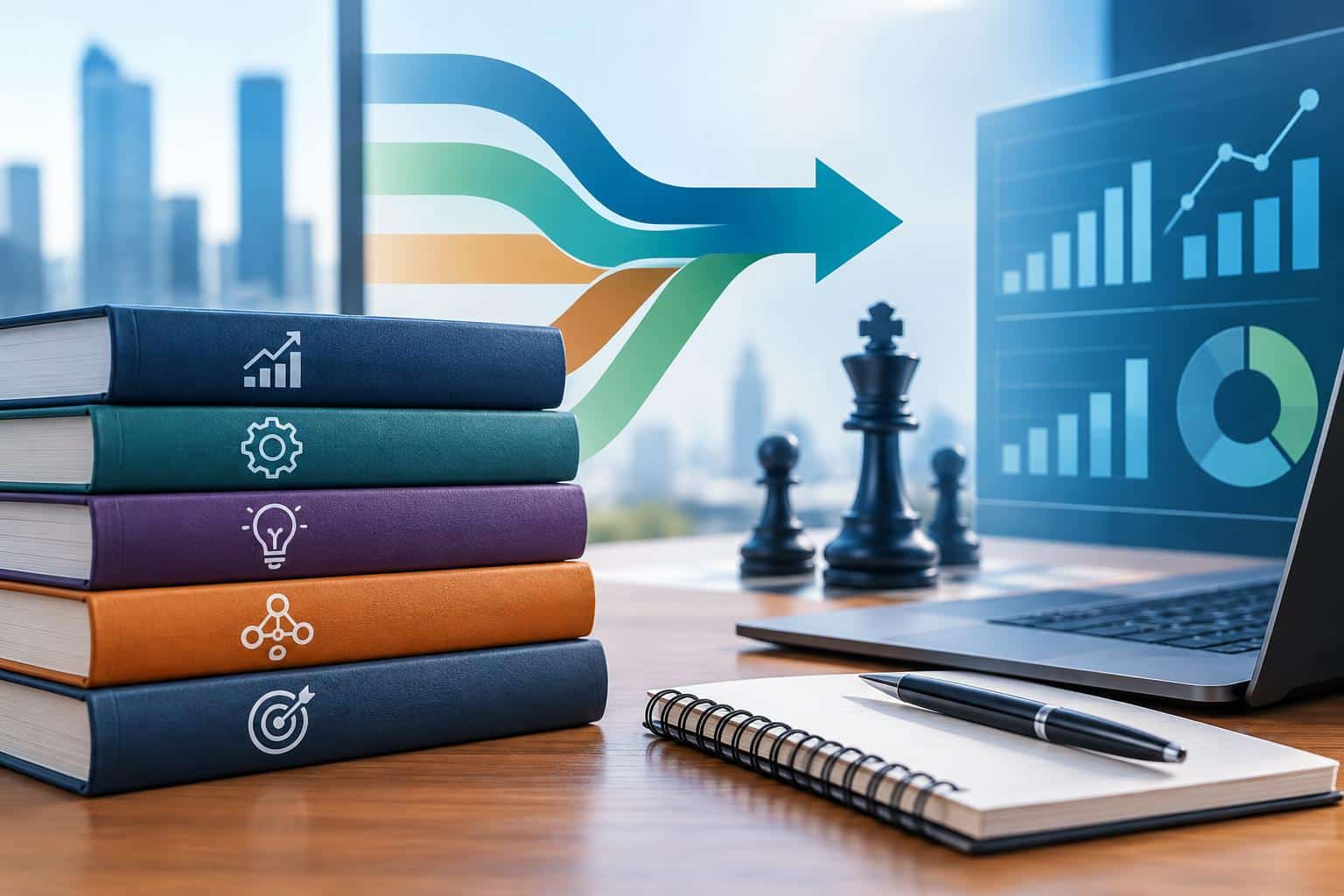 Project management tools, analytics charts, and strategic planning materials on a workspace