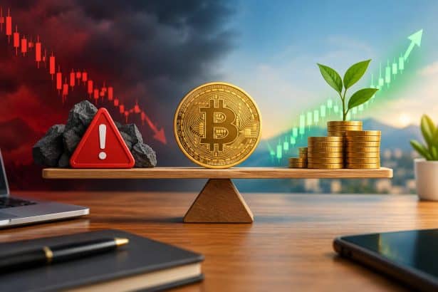 Illustration of a cautious beginner analyzing cryptocurrency charts and balancing risks and rewards