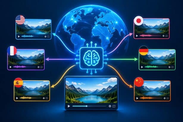 AI translating and subtitling videos for global audiences with multiple language overlays