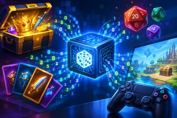 Abstract digital illustration of random number generation powering online gaming systems